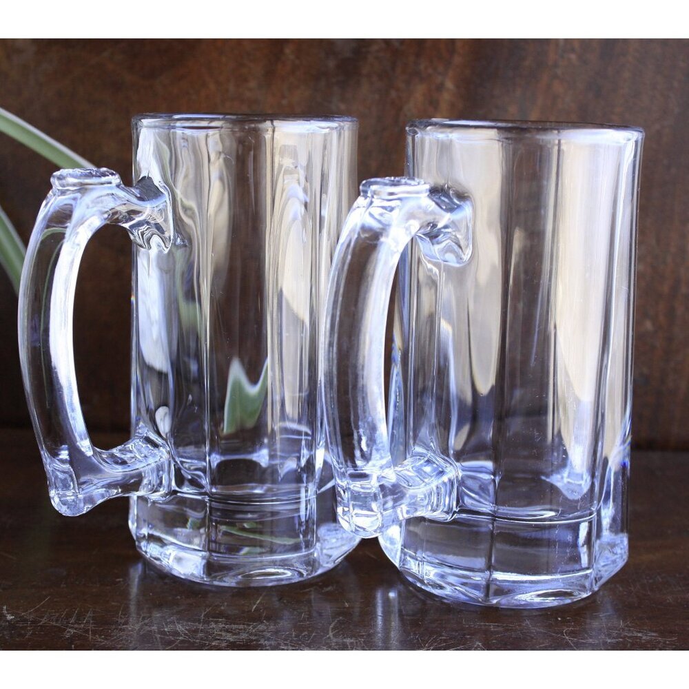 Vintage Set of 2 Libbey Bevelled Glass Beer Mug Drinking Glass, panelled beer